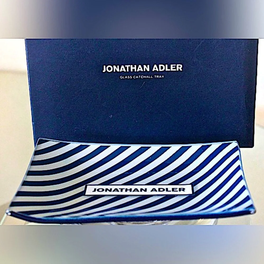 JOHNATHON ADLER GLASS CATCHALL TRAY NAVY STRIPING NIB 6 BY 4